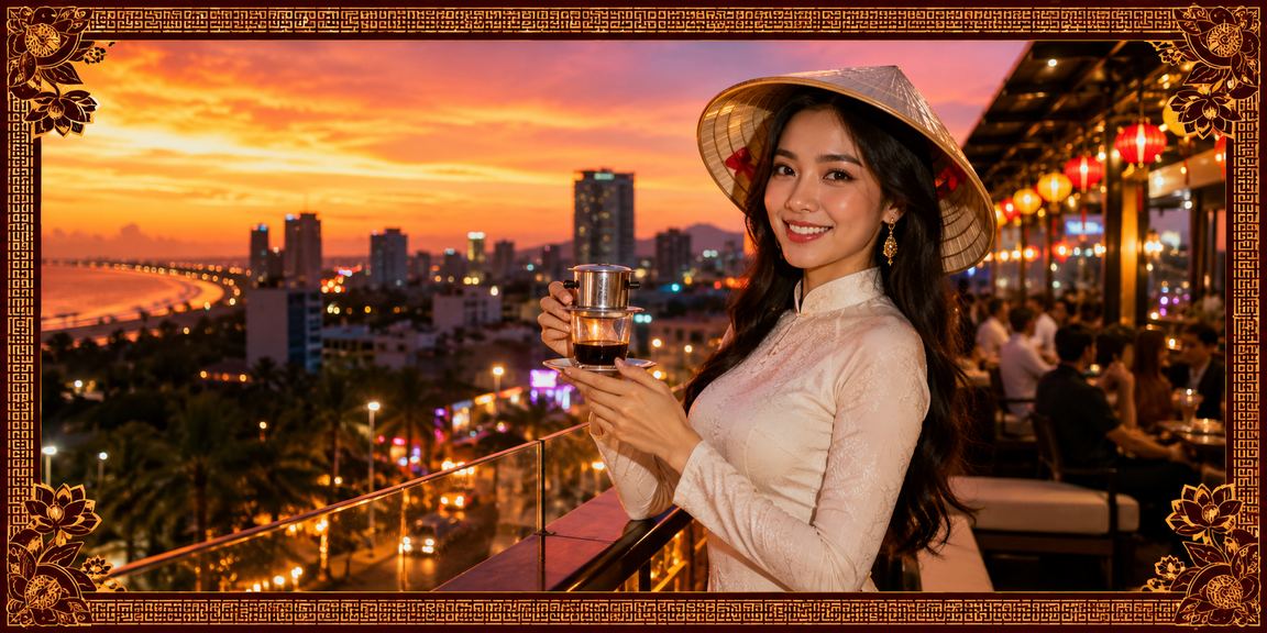 Bối cảnh Mũi Né với cà phê Việt Nam và chủ đề theo dõi thể thao trực tuyến